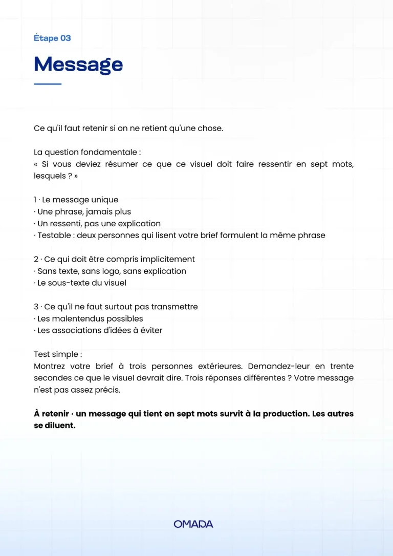 Page 1 du guide Omada du brief créatif visuel