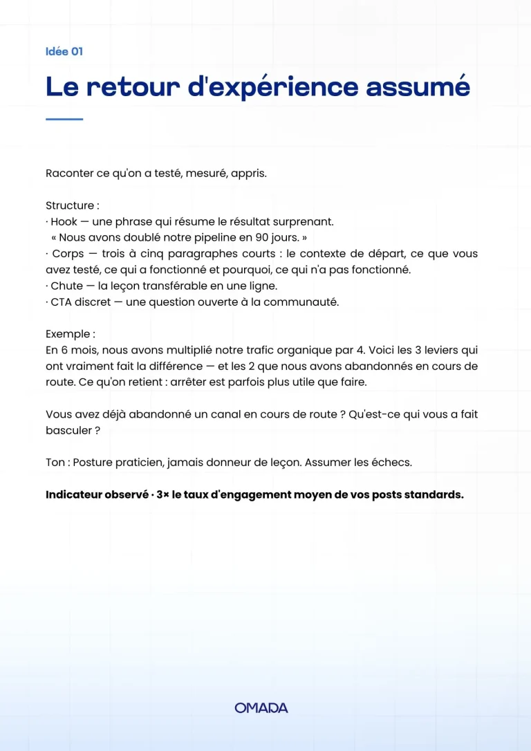 Page 1 du guide Omada « 10 idées de contenu LinkedIn »