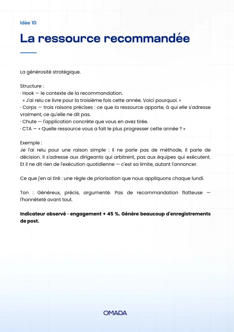 Page 4 du guide Omada « 10 idées de contenu LinkedIn »