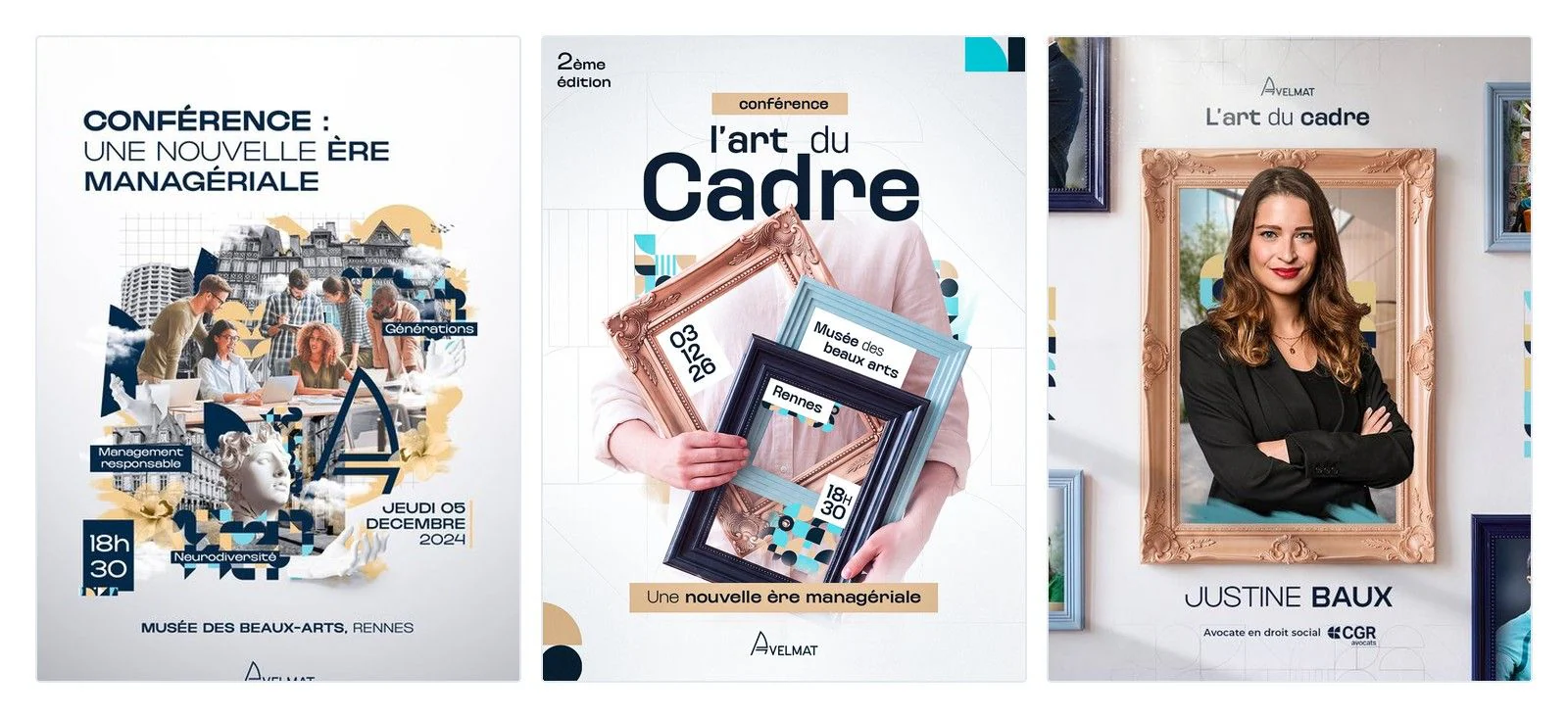 Affiches des conférences « Une nouvelle ère managériale » (2024) et « L’Art du cadre » (2026), et visuel de présentation de l’intervenante Justine Baux