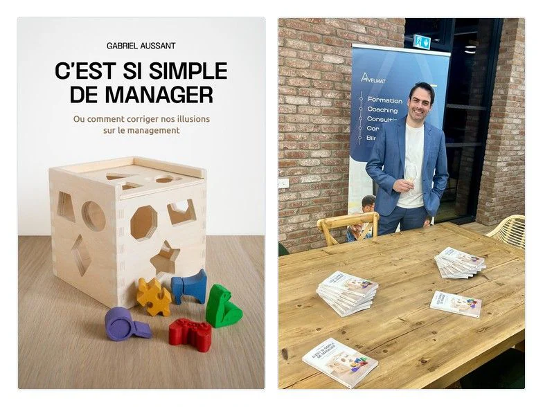 Couverture du livre « C’est si simple de manager » de Gabriel Aussant, et l’auteur présentant l’ouvrage