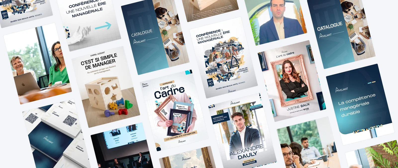 Sélection de visuels créés pour Avelmat : affiches, catalogue, publications LinkedIn et livre